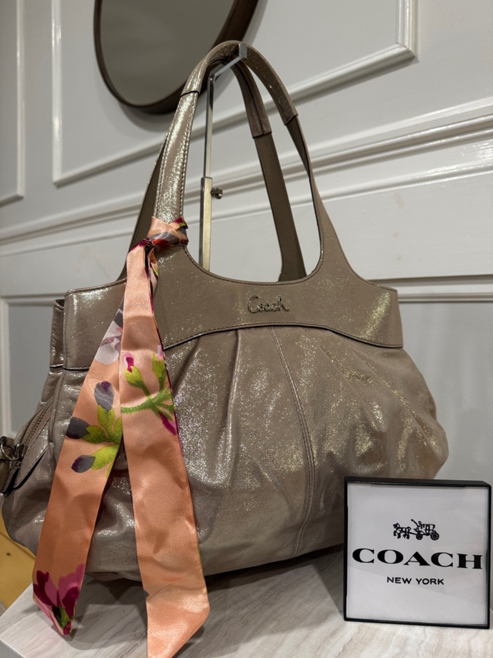 Coach Bag Lexi Metallic Gold Champagne Sparkle Leather Pleated Shoulder Bag - Picture 1 of 17